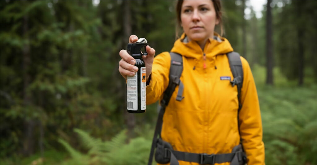chica con spray anti osos en la mano
