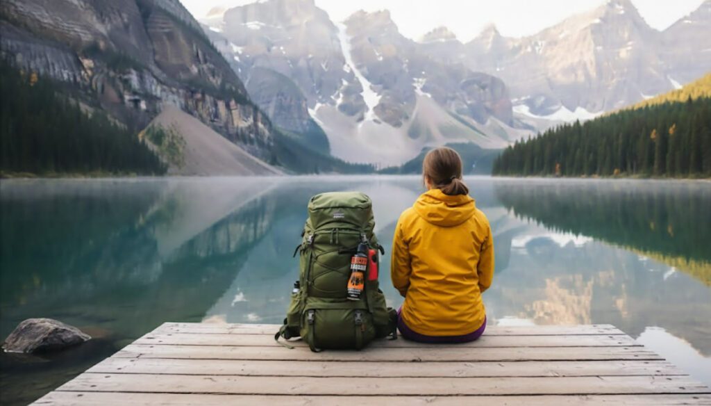chica con su mochila en el borde de un lago