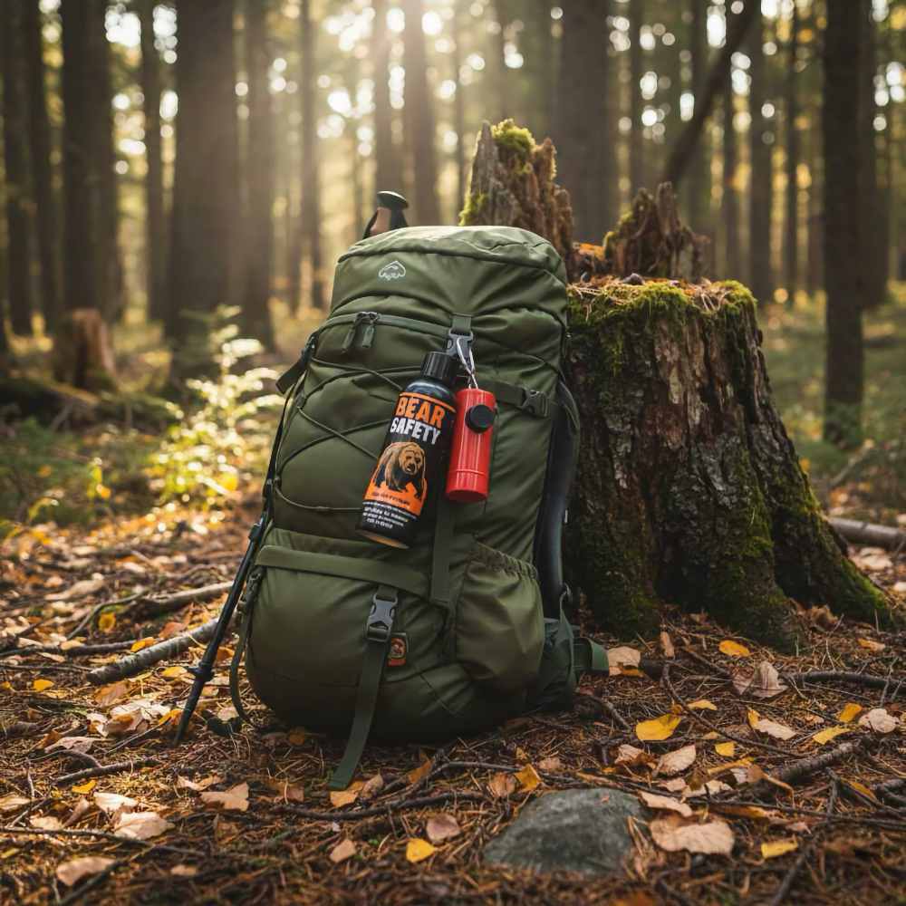 mochila en el bosque con spray anti osos