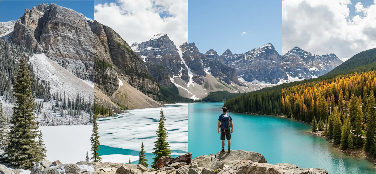 Senderista de espaldas contemplando las aguas turquesas de Moraine Lake rodeado de montañas nevadas y densos bosques de pinos en las Rocosas Canadienses, en Banff National Park, Canadá.