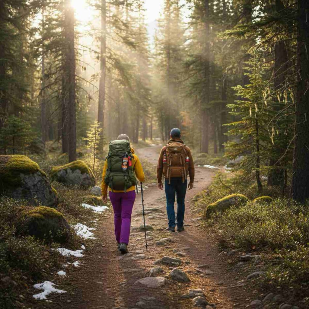 gente caminando por el bosque