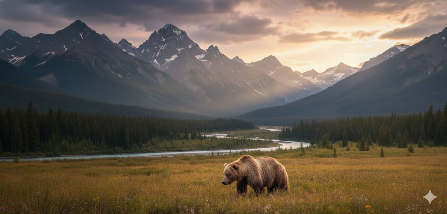 Oso grizzly en un valle de las rocosas canadienses