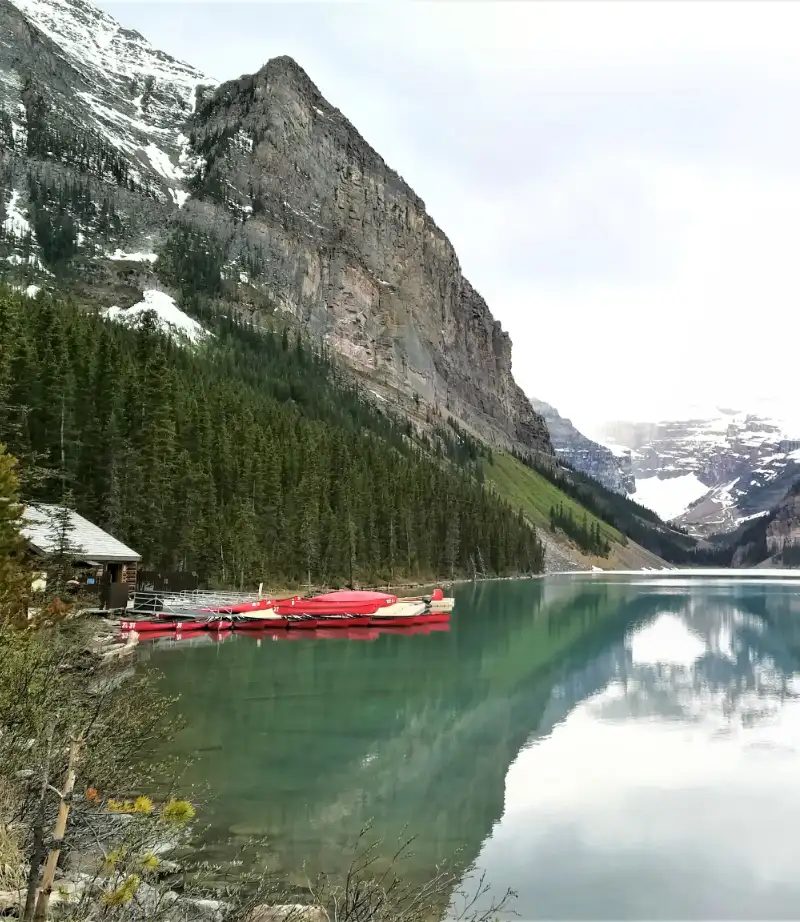 Canoas rojas amarradas reflejándose en las aguas cristalinas de Lake Louise frente a una gran pared de roca y picos nevados.