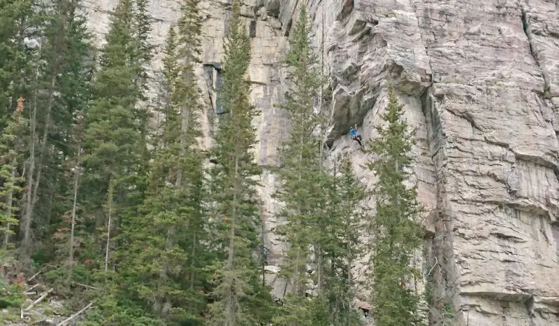 Escalador en una pared de roca vertical en la zona 'Back of the lake' al final del paseo de Lake Louise.