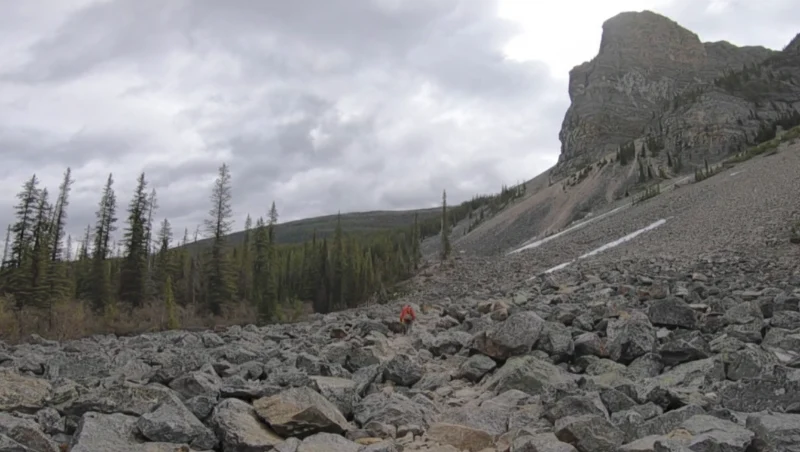 La imponente pared rocosa de la Tower of Babel elevándose sobre un campo de rocas en el Parque Nacional Banff.