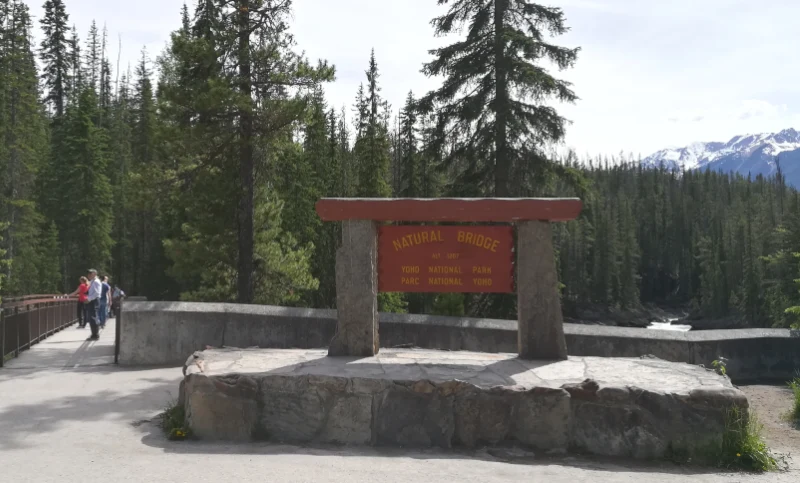 Cartel informativo de Parks Canada en Natural Bridge explicando la formación geológica del puente de roca sobre el río Kicking Horse.