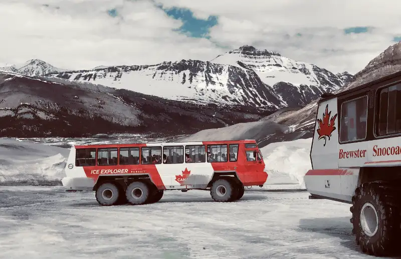 Vehículos Ice Explorer de Pursuit estacionados sobre el Glaciar Athabasca para el tour por el campo de hielo Columbia.