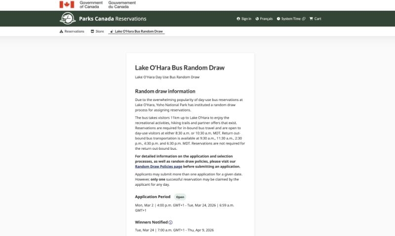 Captura de pantalla en el proceso de reserva de Lake O'Hara Bus