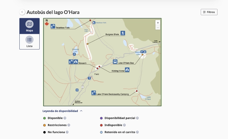 Imagen del mapa para seleccionar la reserva del camping o bus de Lake O'Hara