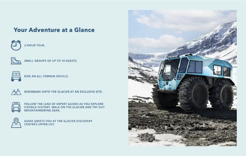 Captura de pantalla de la experiencia Columbia Icefield Adventure que incluye el Ice Explorer y el Skywalk en Jasper.
